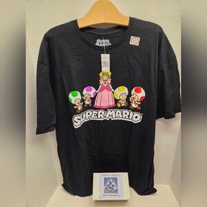 Super Mario Black T-shirt with Princess Peach and Toads Graphic